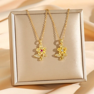 Exquisite gold titanium steel flower necklaces with sparkling crystals in red and white