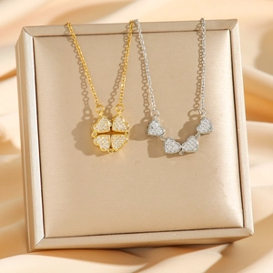 Stainless Steel Necklace Women Multi Wear Magnetic Folding Clover Heart Zircon Shiny Elegant Pendant Jewelry