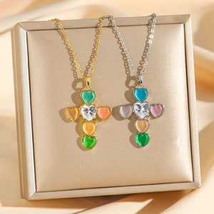 Cross Pendant Necklace Titanium Steel Colorful Heart Cubic Zirconia Light Luxury Niche Style For Women