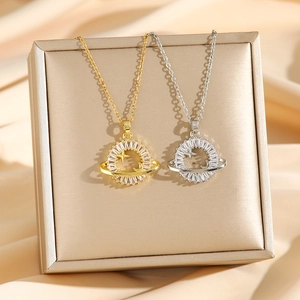 Planet Saturn Pendant Necklace Titanium Steel With Rectangular Cubic Zirconia Star Moon Galaxy Celestial Jewelry For Women