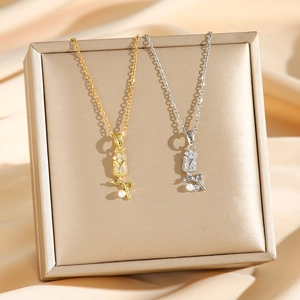 Elegant 18K gold plated tulip pendant necklace with zircon crystals and a white pearl