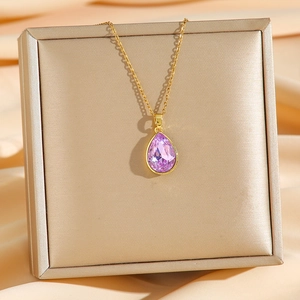 Elegant gold titanium steel necklace with a luxury purple water drop crystal pendant