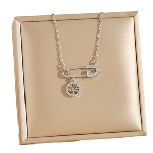 Collier avec pendentif épingle de sûreté, breloque Arbre de Vie et zircons étincelants