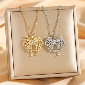 Butterfly Pendant Necklace Stainless Steel Full Zircon Micro Pave Shiny Elegant Jewelry For Women Sweet Style