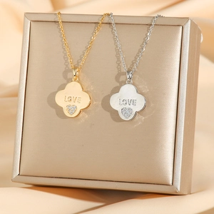 18K gold plated clover necklace with LOVE engraving and heart-shaped zircon pendant