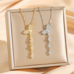 Butterfly Tassel Necklace Titanium Steel Micro Paved Cubic Zirconia Faux Shell Artificial Pearl Elegant Long Chain Jewelry For Women