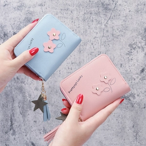 Short PU leather floral wallets for women with star tassels and zipper coin pocket