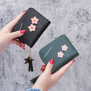 Short PU leather floral wallets for women in black and green with zip coin pocket