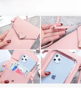 Borsa porta cellulare rosa con fibbia a cuore, slot per carte e finestra touch