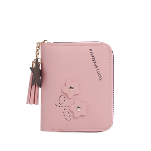 Pink short PU leather floral wallet with star pendant and tassel for women