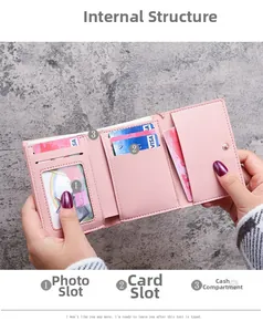 Pink tri-fold faux leather wallet layout showing card slots and transparent photo window