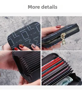Détails du portefeuille accordéon en cuir noir avec fentes pour cartes et zip doré
