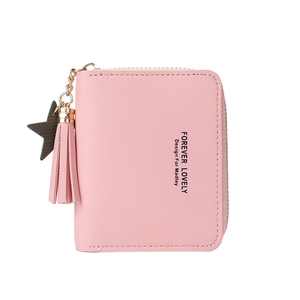 Mini portafoglio rosa in finta pelle con nappina e cerniera dorata per monete