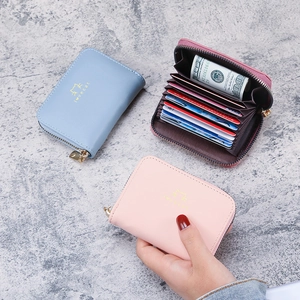 PU Leather Card Holder Wallet For Women Cute Cat Pattern Zipper Accordion Multi Slots Portable Coin Purse Minimalist