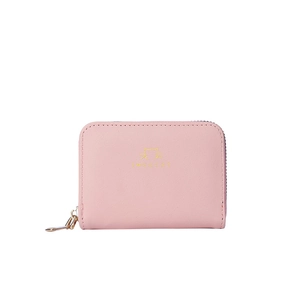 Pink PU leather accordion card holder with gold zipper and golden cat motif decoration
