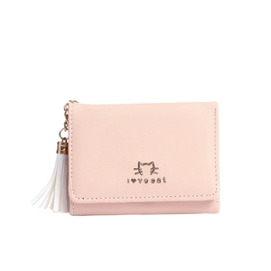 Pink trifold short faux leather wallet with cat icon and white tassel decoration