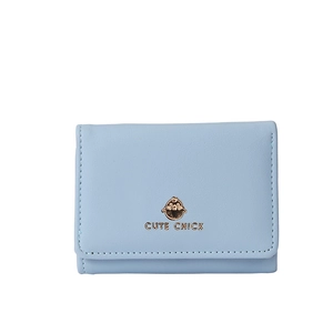 Short sky blue PU leather wallet for women featuring a gold cute chick logo and text