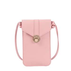Pink PU leather crossbody phone bag with metal clasp closure and thin shoulder strap