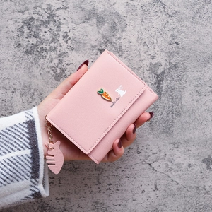 Women Small Folded Mini Wallet PU Leather Cute Rabbit Carrot Decor Short Purse With Card Slots ID Window And Fish Charm