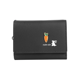 Cute black tri-fold mini wallet with rabbit print and carrot badge for women
