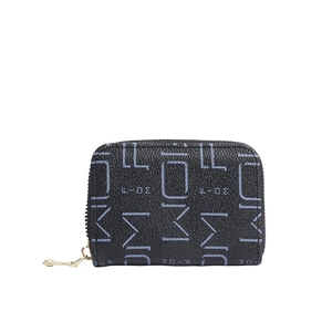 Porte-cartes en cuir noir à monogramme bleu clair avec fermeture éclair dorée