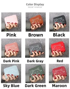 Collage of compact PU leather wallets in nine colors with cute cat prints and star charms