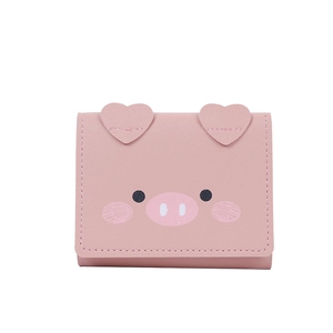 Cute pink pig-themed mini tri-fold wallet for women with heart-shaped ears and soft PU leather