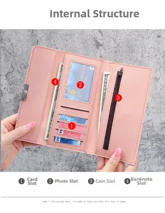 Pink trifold long wallet featuring multiple card slots, photo holder and zipper pocket