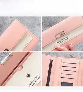 Detailed views of women's long pink wallet showing card slots and metal buckle hardware