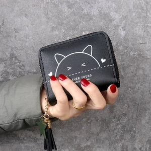 Cute Cartoon Cat Printed Women Short Wallet PU Leather Zipper Coin Purse With Tassel And Star Charm Minimalist Small Card Holder For Students