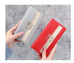 Close-up of dual-color PU leather long wallets with elegant metal buckle and logo