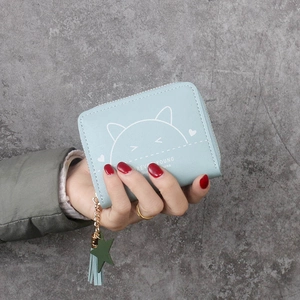 Mint green zip wallet for women featuring a cute cat print and stylish tassel detail
