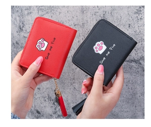 Short zipper wallet with cute cat paw print and fringe detail in red and black