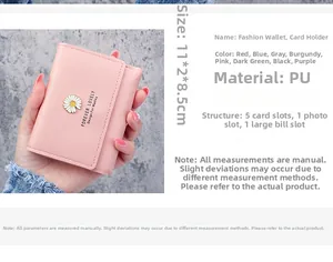 Pink daisy short tri-fold wallet with 5 card slots and size dimensions 11x2x8.5cm