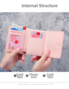 Detailed view of pink tri-fold wallet with multiple card slots and clear ID window