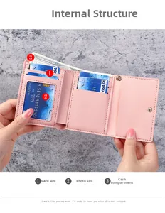 Detail view of pink trifold wallet interior with card slots and photo window