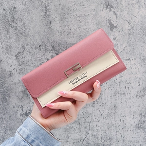 Three-fold long PU leather women's wallet in pink and cream with a metal buckle