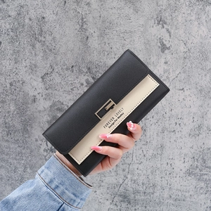 Tri-fold long PU leather wallet for women with G-shaped buckle and lychee texture