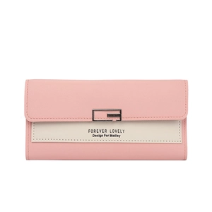 Long pink and beige tri-fold PU leather wallet for women with gold rectangular clasp