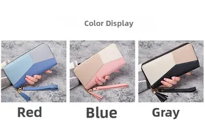 Detailed view of long wallets with geometric patchwork, wrist straps and tassel charms