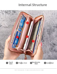 Detail view showing internal structure with card slots and zip pocket of pink long wallet