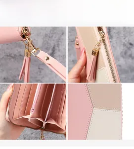 Detailed views of multi-color long wallet featuring tassel zipper and card slots