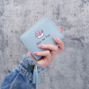Women's Short PU Leather Wallet With Cute Cat Paw Print And Lettering Zipper Purse With Tassel Star Pendant For Daily Use