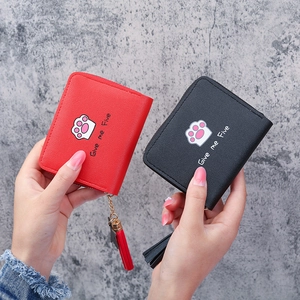 Short faux leather zip wallet with pink cat paw print and tassel in black and red