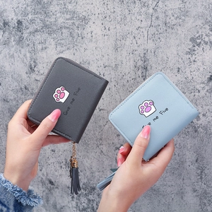 Short square PU leather wallet with pink cat paw print and long fringe tassel zipper