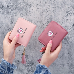 Short PU leather wallet for women with cat paw print and tassel zipper in pink and purple