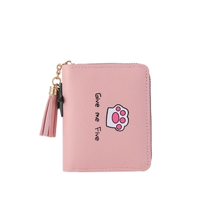 Pink women's short zipper wallet with cat paw pattern and tassel charm on white background