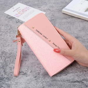 Women's Long Zipper Wallet Fashion PU Leather Sequin Patchwork Wristlet Handbag Large Capacity Phone Card Holder Purse Sweet Style