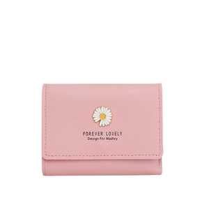 Pink daisy short tri-fold wallet with Forever Lovely logo and smooth leather texture