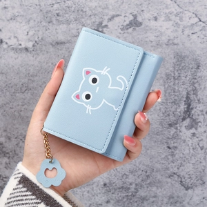 Women's Cute Cartoon Cat PU Leather Trifold Short Wallet With Snap Closure And Metal Charm Small Purse For Girls Daily Use